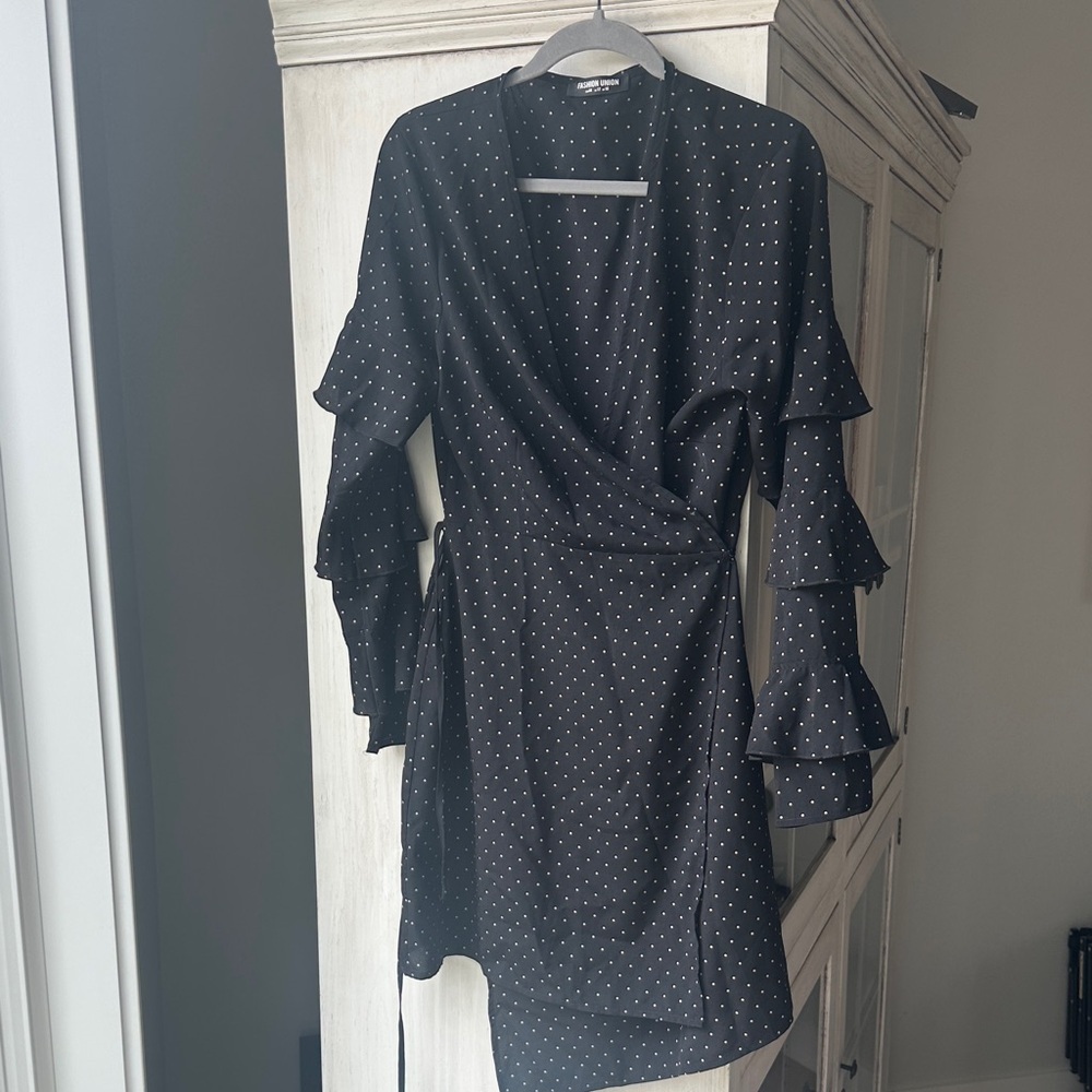 Fashion Union Black Polka Dot Long Sleeve Wrap Mini Dress